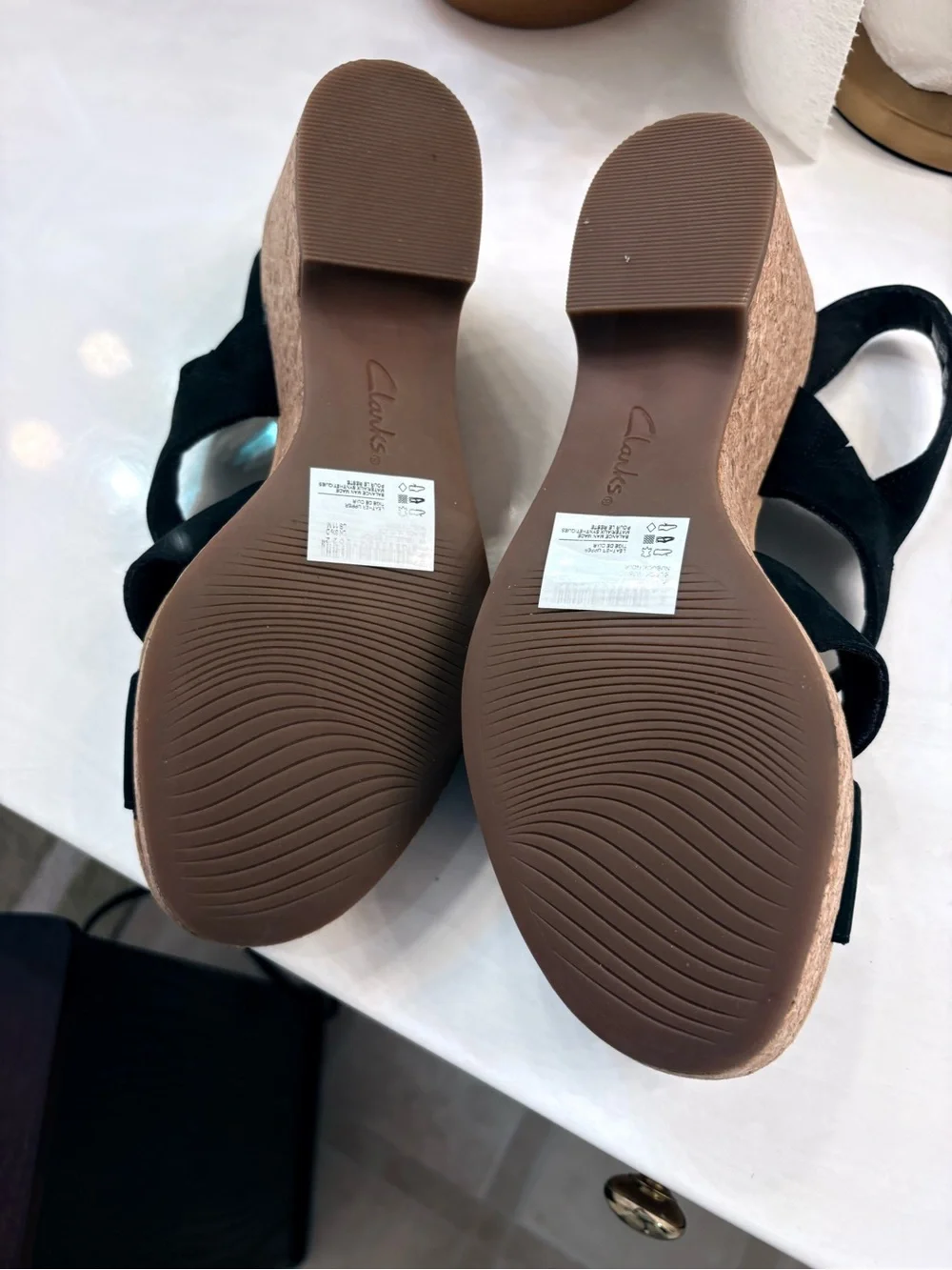 Clarks Black Suede Cork Wedge Sandals
